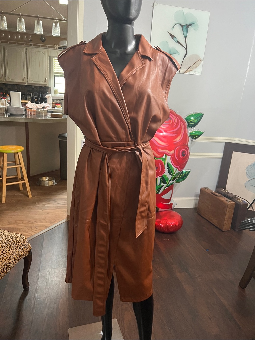 Sleeveless Faux Leather Wrap Trench - Rust Brown